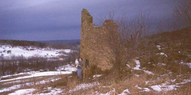 Adam and son Caleb at the ruins of Jacob Hoffman's c1820 stone barn in Jenner Twp., Somerset Co., Pennsylvania.  Jacob Hoffman (c1761-c1843) is Caleb's 5th great-grandfather.  Dec. 2002